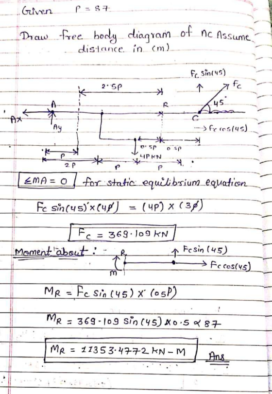 . Given p=S of nc Assume Draw free body diagram distance in cm) fo. sincus) 2.5P 7fc R 45 Ax Ay feroslus) O SP OSP 4PKN Р 2