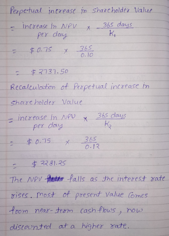Perpetual increase in shareholder Value - increase in NPV x 365 days per day к, - $0.75 x 365 365 0.10 a $2737.50 Recalculati