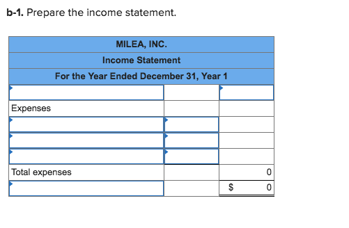 b-1. Prepare the income statement. MILEA, INC Income Statement For the Year Ended December 31, Year 1 Expenses Total expenses