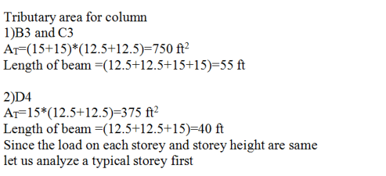 Tributary area for column 1)B3 and C3 AT=(15+15)*(12.5+12.5)=750 ft? Length of beam =(12.5+12.5+15+15)=55 ft 2)D4 Ar=15*(12.5
