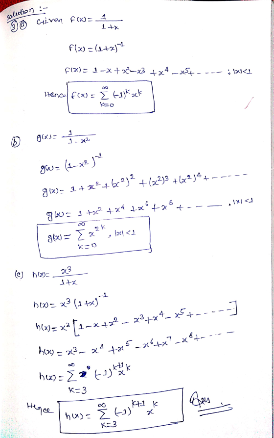 LU - colection Given Frau = 4 1 tx f(x) = (2+257 F18)= 1-+2223 +x4 – 25+ ---- ; 13x1<1 Hence, foxo = testock k=0 ③ gixs = 2 x