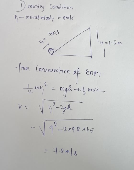 D Drawing Condition - initial reloudy = amk V = amis H=1.5m from Conservation of Enfy I mu? = might me ²-2gh va 2 - 2x9.8 x