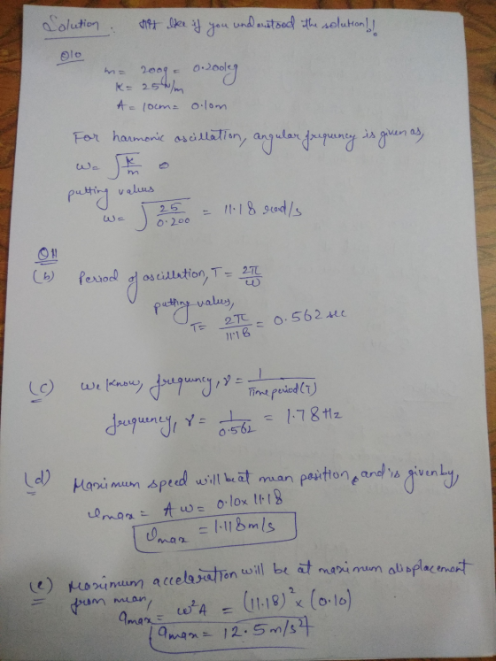 Colution dirt tee if you understood the solution!! Olo 2009: 0.gooley K= 250lm A= 10cm. o.lom For harmonic oscillation, angul
