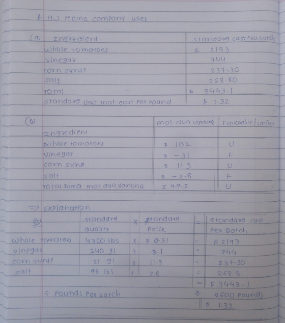 FH. J Heinz company uses Ingredient whole tomatoes vinegar com synep salt TOTα standard unit mat cost pes pound Standard cost