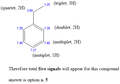 (quartet, 2H) 260 2 (riple 3H) 7.29 729 (doublet, 2H) 7.4040 multiplet, 2H) 7.27 (mutiplet, 1H) Therefore total five signals