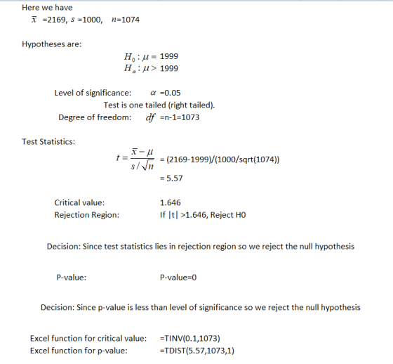Here we have I =2169, s =1000, n=1074 Hypotheses are: H:u= 1999 H:\> 1999 Level of significance: a =0.05 Test is one tailed (