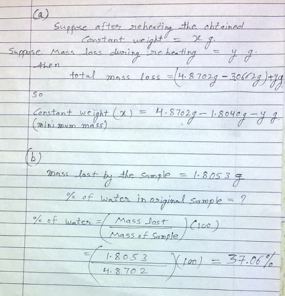 Suupoose aftez nehealing the ahtainel total mass loss-487024-30(4 Censtant Wc = 4.3702 -1.8040 + mhI num mass % of water, in