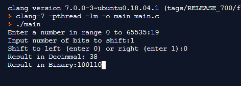 clang version 7.0.0-3-ubuntuo.18.04.1 (tags/RELEASE_700/f } clang-7 pthread -lm -o main main.c } ./main Enter a number in ran