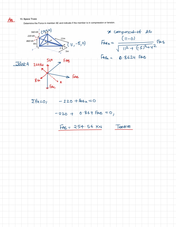 Anu 13. Space Truss Determine the Force in member AE and indicate if the member is in compression or tension. COLO/4) AE 560