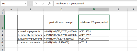 total over 17- year period D2. A E F 1 total over 17- year period periodic cash receipt a. weekly payments b. monthly payment
