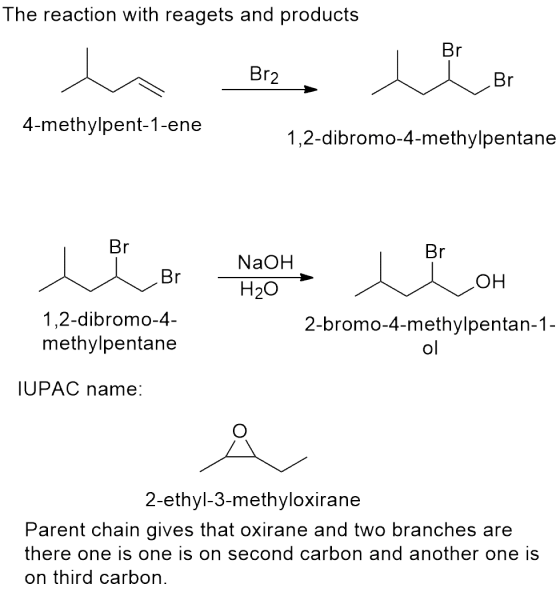 The reaction with reagets and products Br2 4-methylpent-1-ene 1,2-dibromo-4-methylpentane NaOH H2O он 1,2-dibromo-4- methylpe