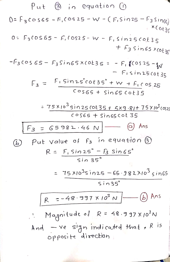 (3 + Fzsin os xcot 35 Put in equation o 0-F3C0565 - F,COS 25 - W-(Fisin 25 – F3 Sings) 0= F3COS 65 - Fil0525 - W- F.COS25 - W