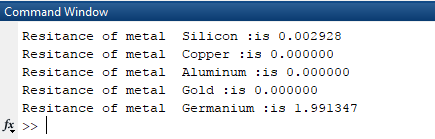Command Window Resitance of metal Silicon :is 0.002928 Resitance of metal Copper is 0.000000 Res Resitance of metal Gold :is