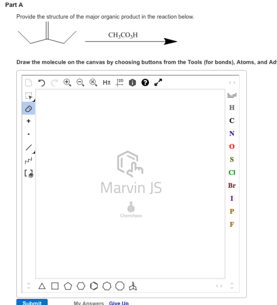 Part A Provide the structure of the major organic product in the reaction below CH3CO3H Draw the molecule on the canvas by choosing buttons from the Tools (for bonds), Atoms, and Ad 2D Marvin JS Br ChemAxon Submit My Answers Give up