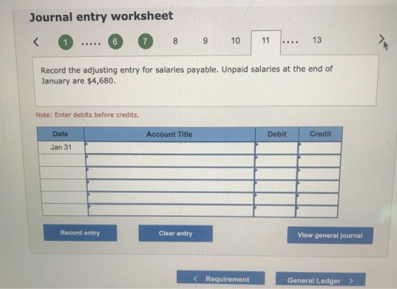 Journal entry worksheet < 1 6 7 8 9 10 11 13 .. HH. Record the adjusting entry for salaries payable. Unpaid salaries at the e