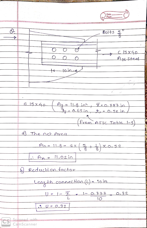 . Date Page. Bolts + ooo C (5x40 AzcSteel صنماها C 15x40 | Aga 11:8 103 / 220.777101 If = 0.65 int o = 0.52 in / (from Arsc T