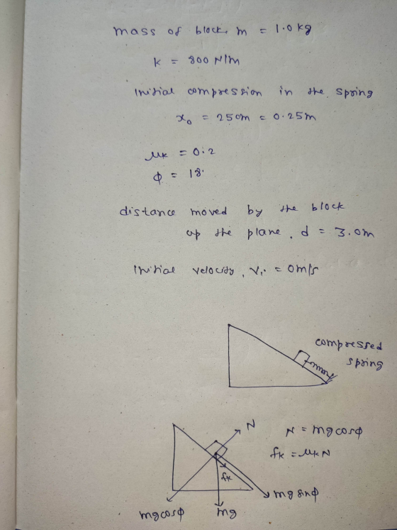 mass of block im = 1.0kg k – 800 NIM Initial compression in the spring - 25cm - 0.25m ur - 0:2 d = 18 distance moved by the b