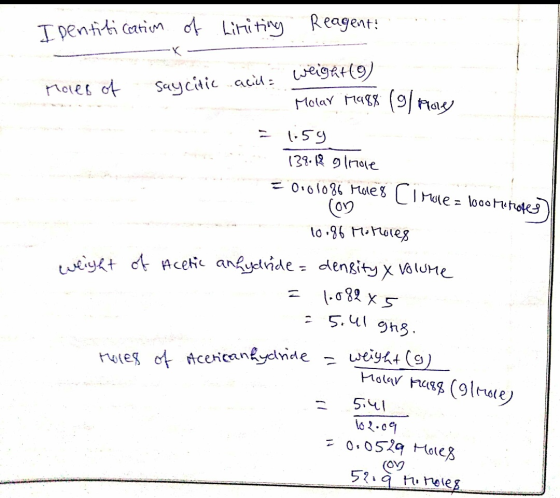 Reagent Identification of Liniting - K Holes of saycitic acid we Molar 1988 (9/ Pole = 1:59 139.62 glmaie = 0.01086 Holes ( M