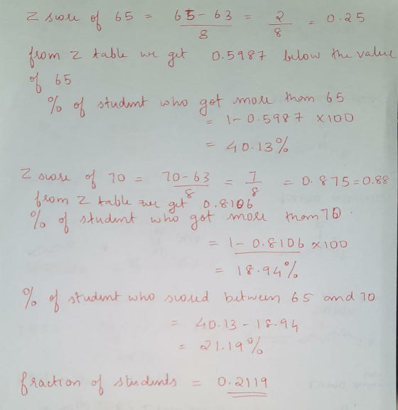 z swore 65-63 = 2 of 65 = 0.25 8 from 2 table we get 0.5987 below the value of 65 % of student who got more than 65 1-0.5987
