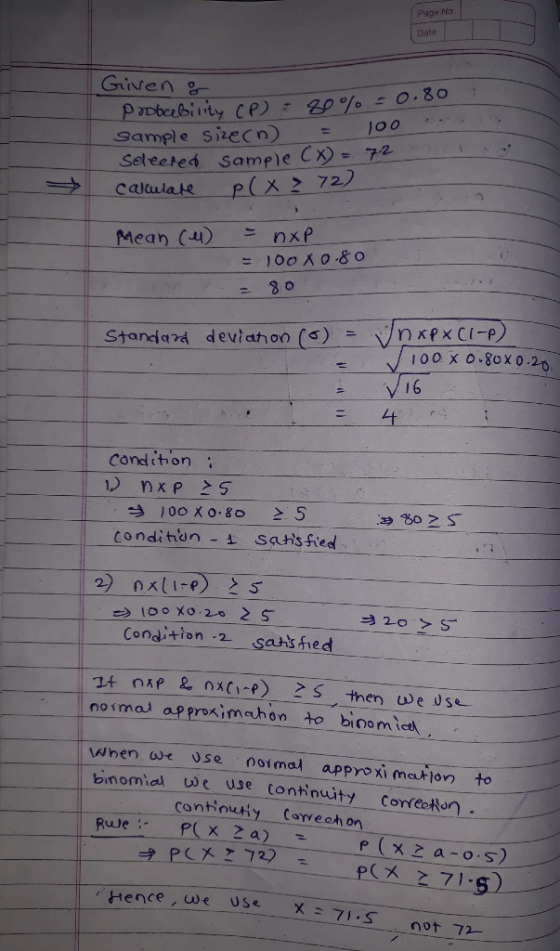 Given9 sample size C n) = 100 Seteeted Sample Cx-72 . Calculate R(x272) Mean cu) = n XP 30 100 x 0.80X 0.20 1 6 Condtthon con
