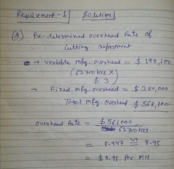 Requirement -1 solution 1 (A) Be-determined overhead Rate of it Cutting Department a variable mfg. overhead - $ 188,000 (6270
