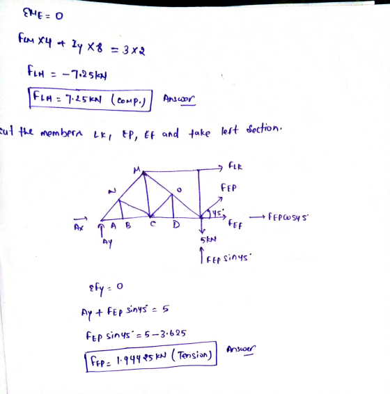 EME=0 Fem X4 of ly X8 = 3x2 Fem = -7.2561 FLM = 7.25 kn (comp.) Answer Rut the membera Lx, TP, er and take lest section. — 6k