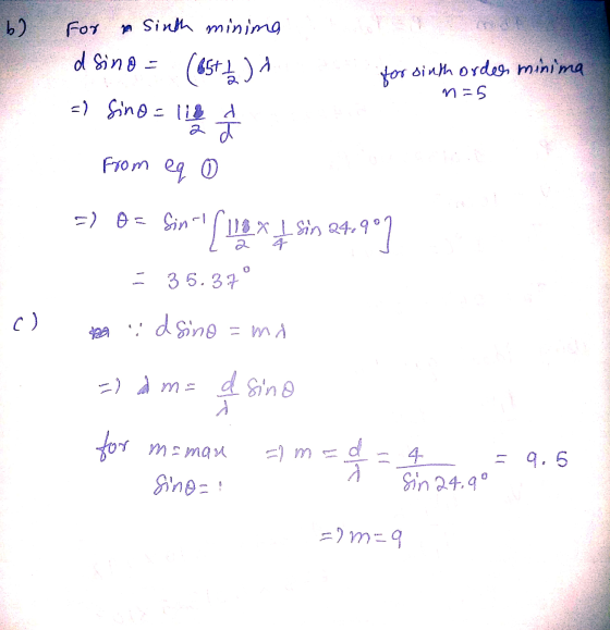 b) For Sinth minima d sino 5+1 for sinth order minima n=5 =) Sino=112 d from eq 0 => 6= Sin [10* 1. Sin 24.907 - 35.37 c) .