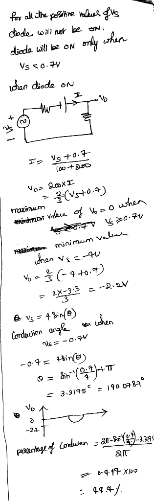 for all the positive values of us diode will not be on. diode will be on only when Vs 50.70 when diode on I, Vs +0.7 100+200
