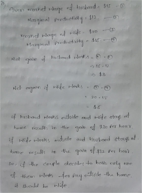 Given market wage of trusband - $15 - Marginal productivity = $12. - masked wage of life = $20 - Marginal productivity = $15.