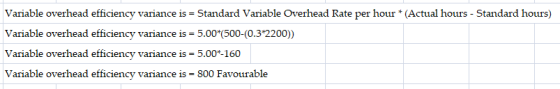Variable overhead efficiency variance is = Standard Variable Overhead Rate per hour * (Actual hours - Standard hours) Variabl
