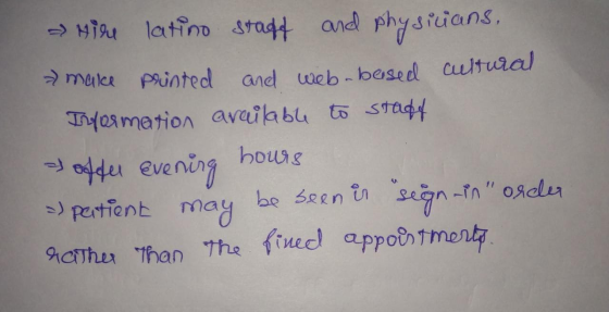 → Hire latino staff and physicians, > make printed and web besed cultural Irlormation available to staghf offer evening hours