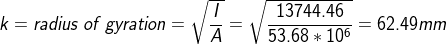 k = radius of gyration = VĀ= 13744.46 53.68 * 106 = 62.49mm