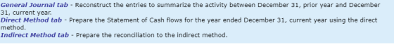 General Journal tab - Reconstruct the entries to summarize the activity between December 31, prior year and December 31, curr