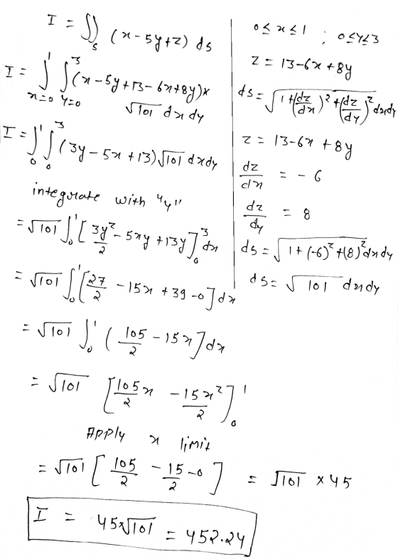 - I 03751 02423 1: n=0 Y=0 dy 3 I D) (4-5y+z) ds Z=13-6*+By 1 Scu-5y + 13- 6x+8y)* ds- site in the or andy z=13-67 toy ( 3y -