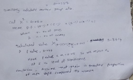 0.0537 Similarly calculate another group also. cal x = 4,020 = (2-1) × (2-1) = 1 Herre D.F= (N-1) & (C-1) where s- so of cows