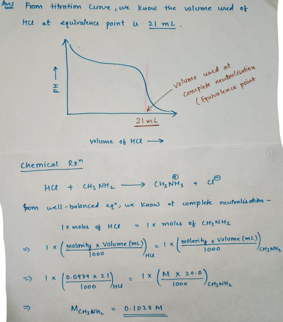 Aus of from titration curve, we know the wlume used Hel at equivalence point is 21 mL. 《一 Hd volume used at complete neupalis
