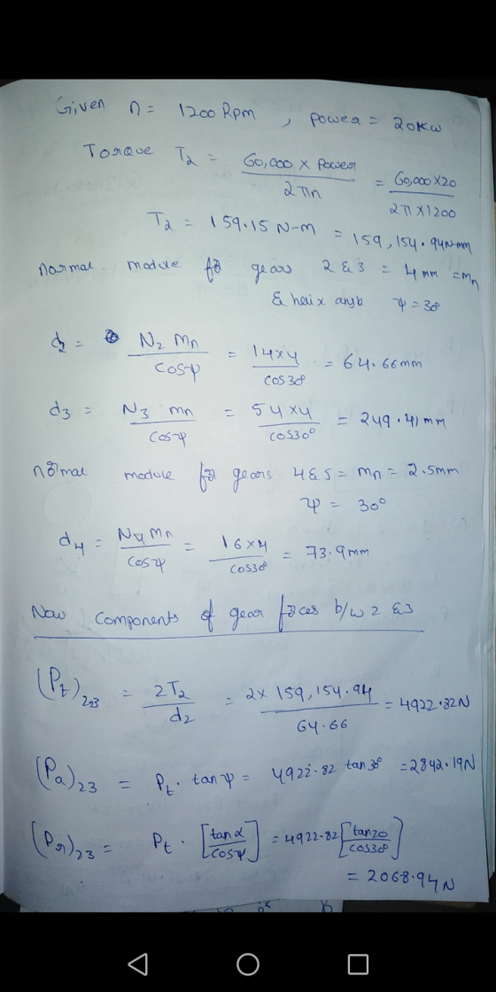 Given na 1200 Rpm power = 20kw Torque Ta = Go, Goo X Power a Tin Go,000 820 QT X 1200 Ta = 159.15 Nom = 159,154 • qun-mm 2 e