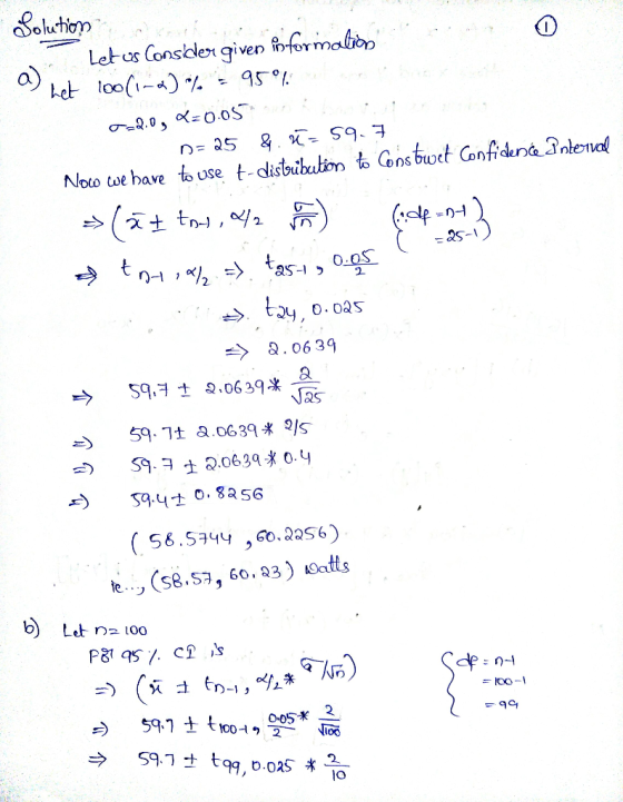 Solution Let us Consider given informalios het 100(1-0) % - 95% 02.0, 220.05 N=25 4. B = 59.7 Now we have to use t-distributi