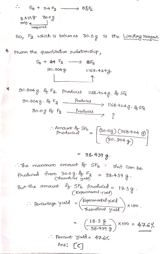 :: Sp + 24 F9 8576 8.439 g 30.og only a I requires So, Fg which is taken as 30.0g is the limiting sreagent * From the quantit