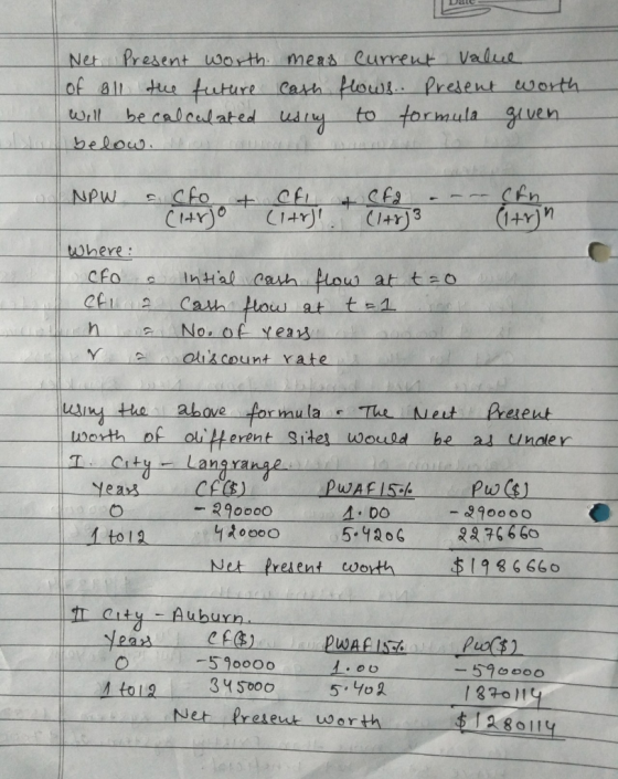 Net Present worth meas Current value of all the future cash flows. Present worth will be calculated using to formula given be