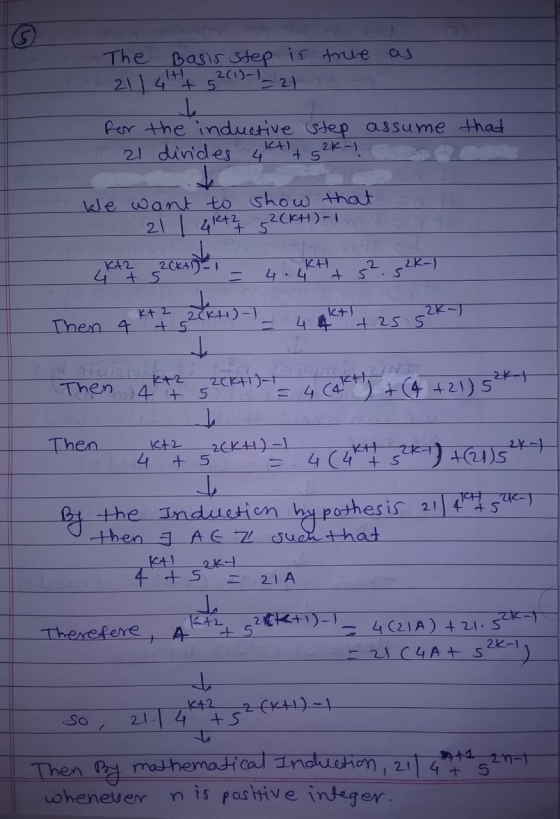 21) 4*+ 52015-) The Basir step is true =21 h for the inductive step assume that 21 divides 4k++ 5 2K-1 kle want to show that