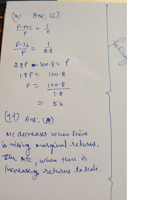 Ans: (C) р-м с P ot 1 Sonra P-36 P 8.8 2.81 & 100.8=P 1.8 P= 100.8 P = 100.8 1.8 56 (11) Ans. (A) Mc decreases when thine is
