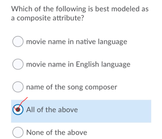 Which of the following is best modeled as a composite attribute? O movie name in native language movie name in English langua