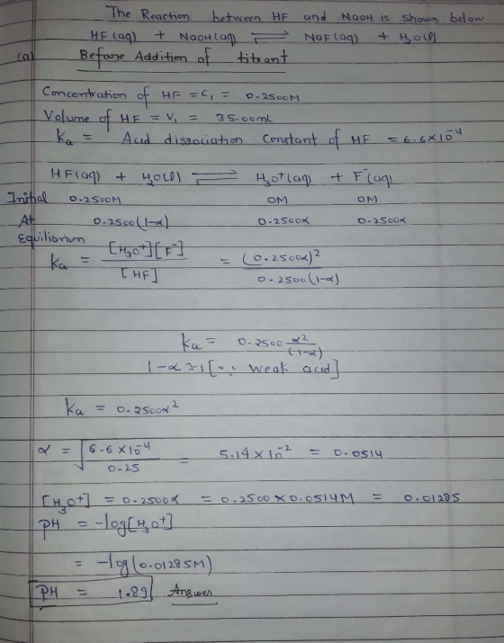 - The Reaction between HF HF (aq) + Nach lag Before Addition of titront and Naoh is shown below Naf (aq) + Holl Concentration
