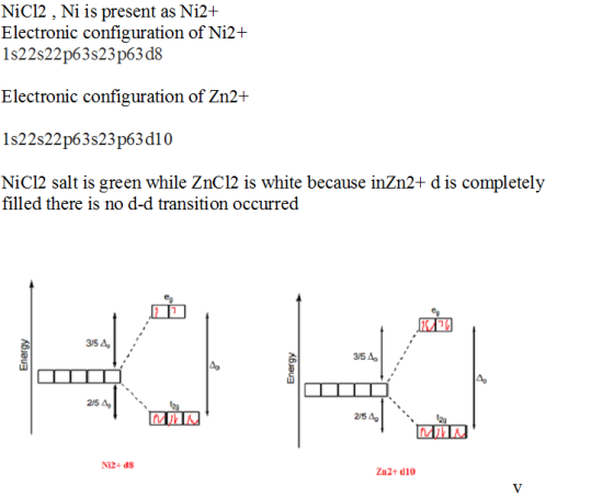 NiC12 , Ni is present as Ni2+ Electronic configuration of Ni2+ 1s22s22p63s23p63d8 Electronic configuration of Zn2+ 1s22s22p63