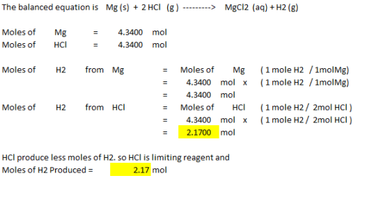 MgCl2 (aq)H2 (g) The balanced equation is Mg (s) 2 HCl (g) Moles of Mg mol 4.3400 Moles of HCl mol 4.3400 (1 mole H2 1mol Mg)