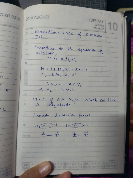 GUST 2010 O 2010 AUGUST 201 TUESDAY 222-143 Week 32 Reduction - Loss of Oxi. electrons equation According to the dilution, M