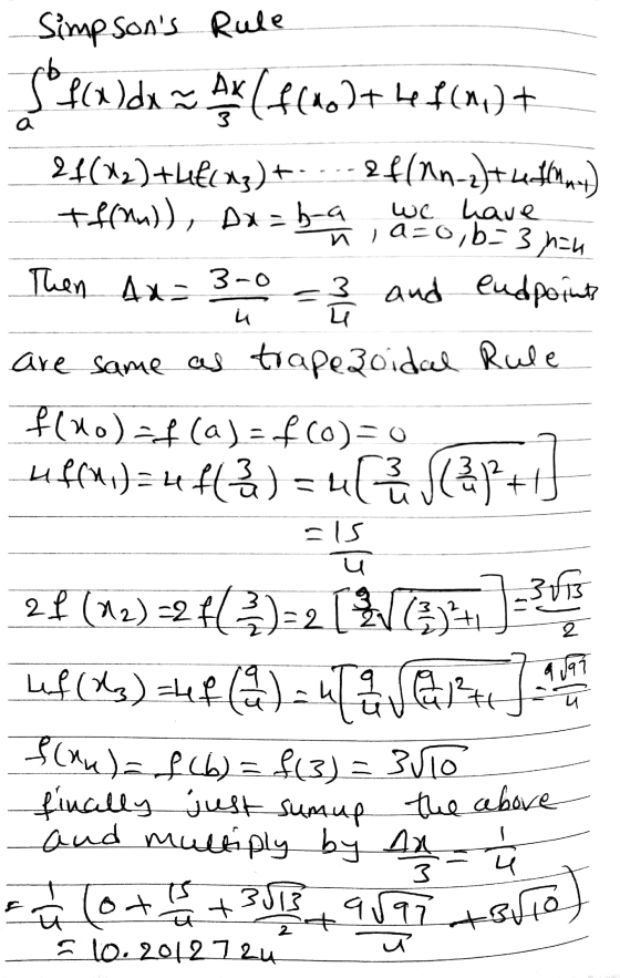 Simpsons Rule a 3 ob f(x)dx AX (f(nolt hef(m) + 24(12)thfcxz) + 2 f/nn-2)+4 Hunt) + f(n)), Dx=b-a we have Then Ax= 3 and end