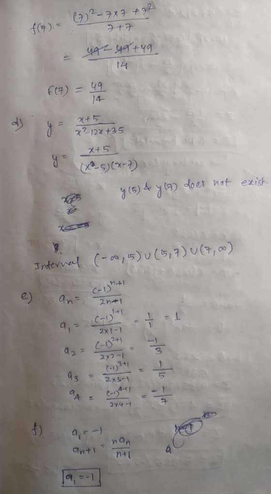 - (2) 2 - 7x7 + 72 f(7) = 7+7 s yaz ye+49 14 f(7) = 49 14 d) x+5 y 22-124 +35 x+5 g (x@5) (6-7) exist x 4 (5) 4 (A) does not