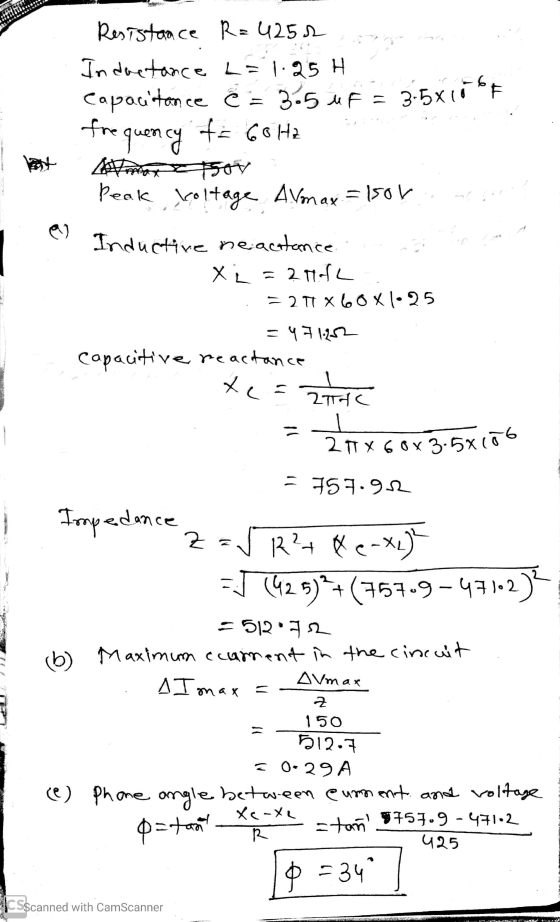 3.5x1067 Resistance R=4252 Inductance L = 1.25 H Capacitance 3.5 UF = fre t = 60Hz So trov Peak Koltage Avmax = lsor na ľ Ind